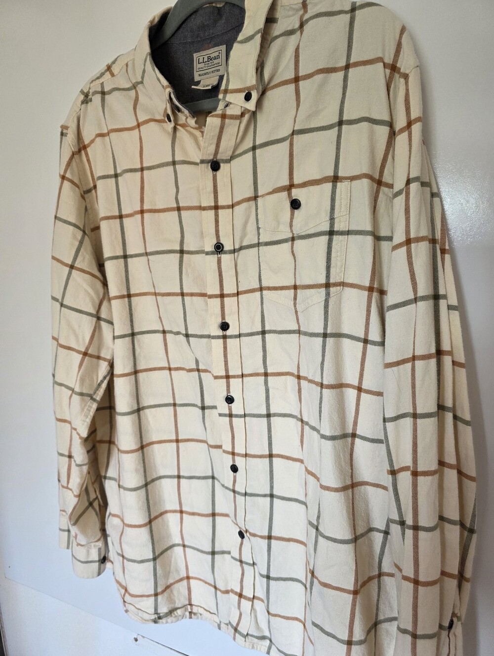 Vintage L.L. Bean Shirt Mens Large Cream Green Plaid Button Up Long Sleeve